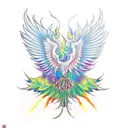 Phoenix rising from the ashes, with bright colors like red and purple. tattoo design idea