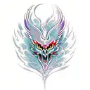 Phoenix rising from the ashes, with bright colors like red and purple. tattoo design idea