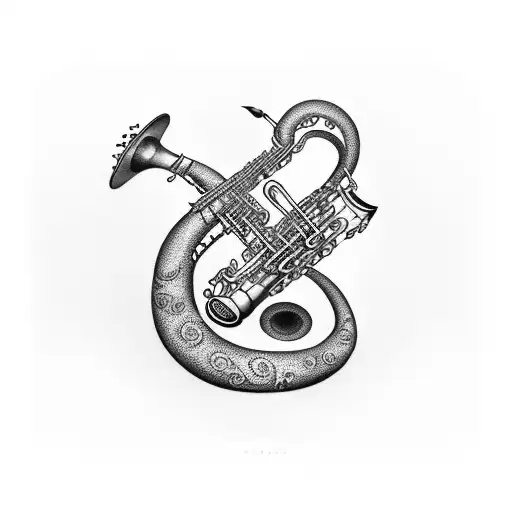 An abstract representation of a saxophone and a trombone merging together tattoo design idea