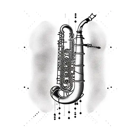 A minimalist tattoo of a saxophone made entirely of JavaScript code tattoo design idea