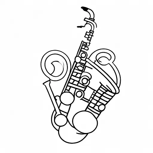 A minimalist tattoo of a saxophone made entirely of JavaScript code tattoo design idea