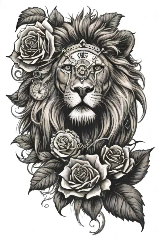 lion's head with a clock with Roman numerals and a rose under the lion tattoo design idea