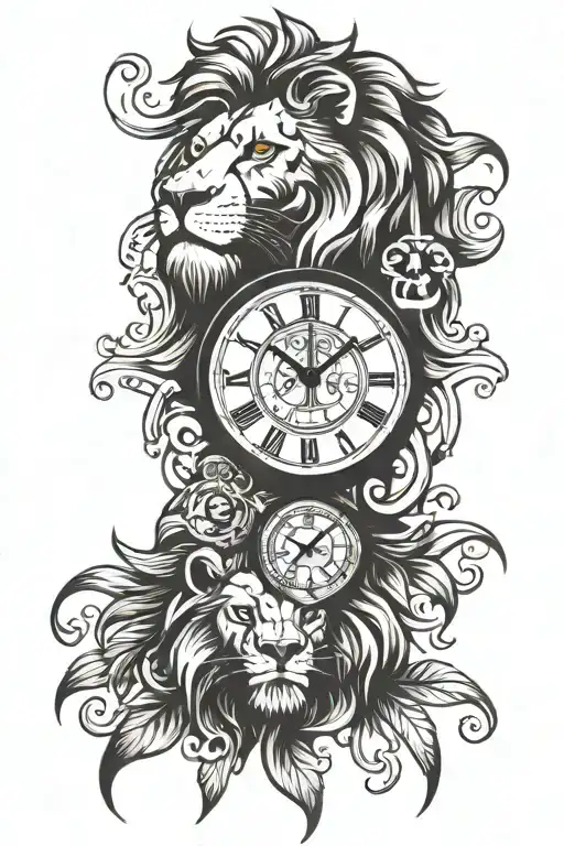 lion head and a clock with roman numerals tattoo design idea
