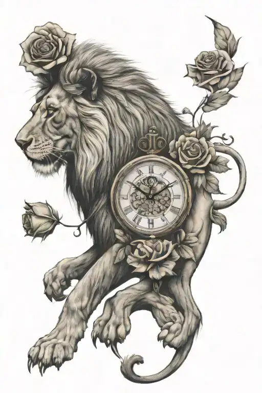 lion with a clock, put Roman numerals around it and a rose under the lion tattoo design idea