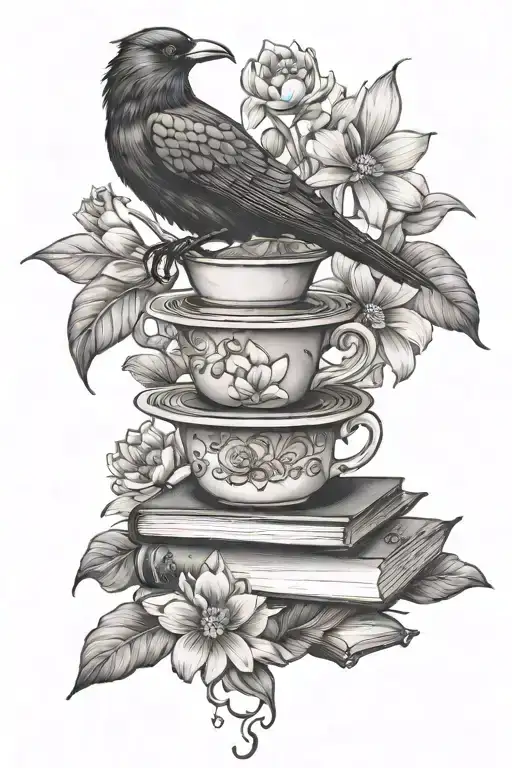 a  tattoo with daisy, sweet pea, larkspur, and water lily flowers, books, a coffee mug, a raven, tattoo design idea