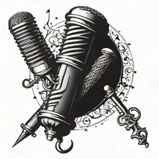 A classic barber pole intertwined with musical instruments tattoo design idea
