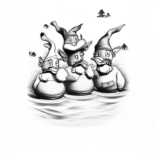 A tattoo of a field with gnomes, ducks, and smiley faces at Lake Tahoe tattoo design idea