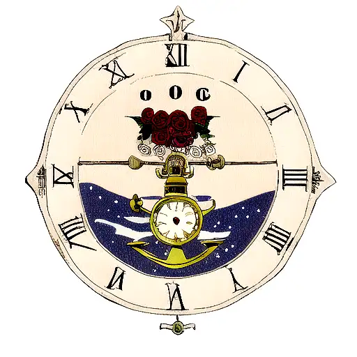Rose, crown, star, wave, ship, old clock, anchor tattoo design idea