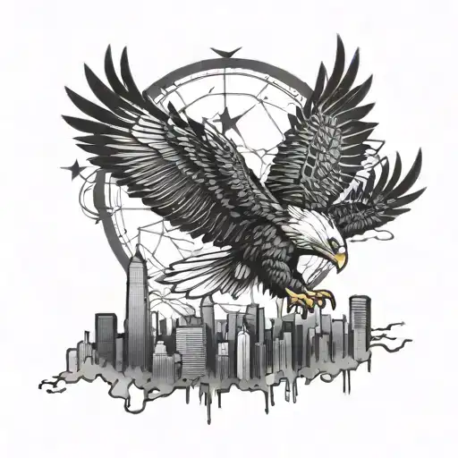 A detailed eagle soaring over a city skyline, symbolizing ambition and success in business tattoo design idea