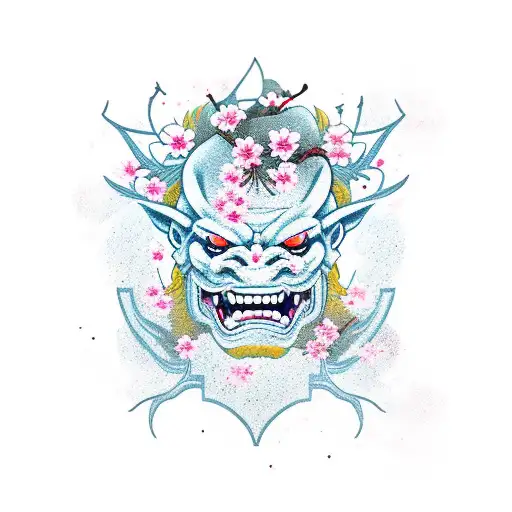 oni mask with cherry blossoms tattoo design idea