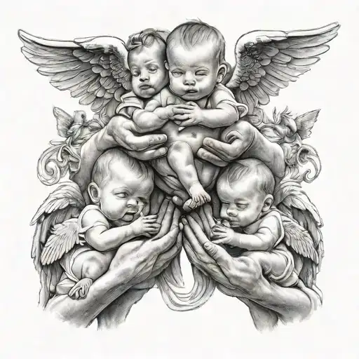 hands holding three baby angels  tattoo design idea