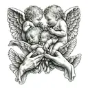 hands holding three baby angels  tattoo design idea