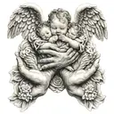 hands holding three baby angels  tattoo design idea