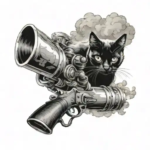 A mystical black cat emerging from the barrel of a gun, surrounded by swirling smoke tattoo design idea