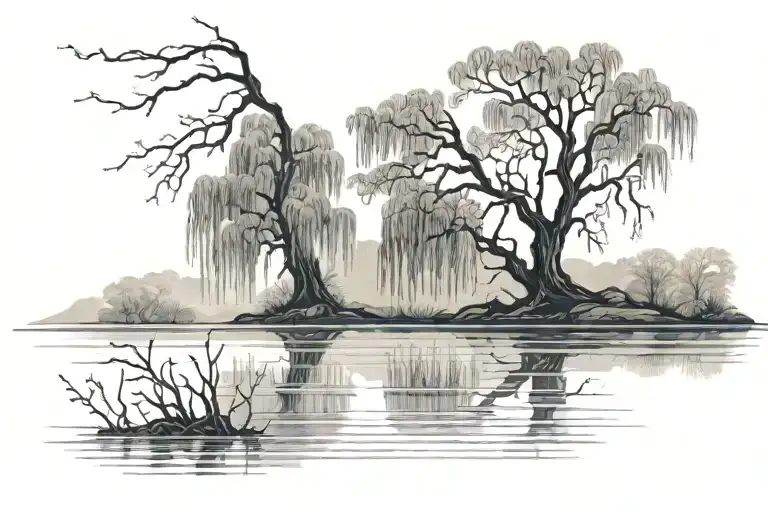 lake scene at night with large weeping willow tree on one side  tattoo design idea