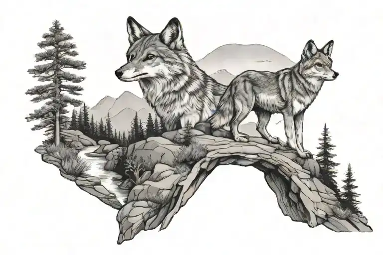 small winding creek through the woods with rock bluffs and coyotes howling  tattoo design idea