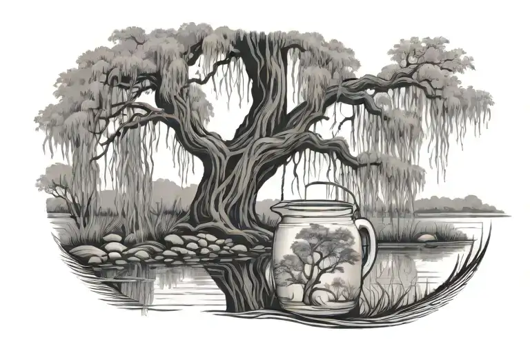weeping willow tree on the edge of water with a moonshine jug and mushrooms at the base of the weeping willow tree tattoo design idea