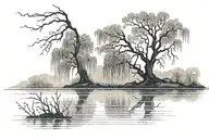 lake scene at night with large weeping willow tree on one side  tattoo design idea