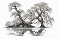 lake scene at night with large weeping willow tree on one side  tattoo design idea