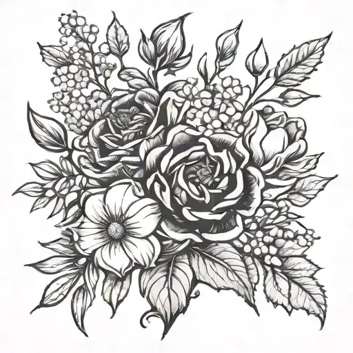 Birth flowers with november, february, january, may, october and december bouquet   tattoo design idea