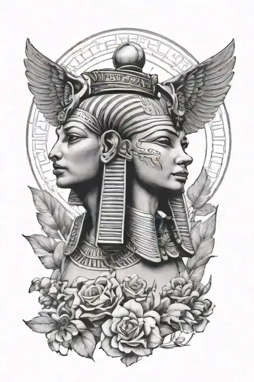 Create a realistic black and white tattoo depicting a female Egyptian sphinx being smashed to sgr tattoo design idea