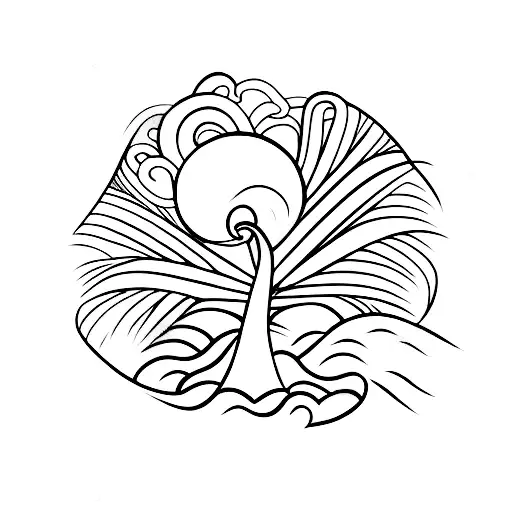 A minimalist tattoo of a beach scene with a palm tree, waves, and a coffee cup tattoo design idea