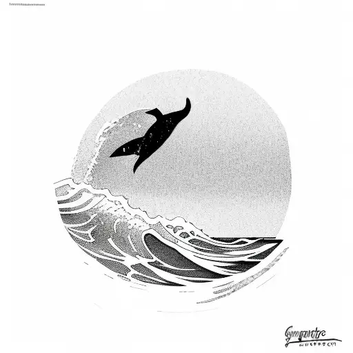 A surfer catching a wave with a dolphin silhouette in the background tattoo design idea