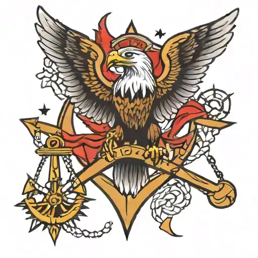 sailor Jerry style tattoo featuring eagle carrying three anchors and a sheriffs star tattoo design idea