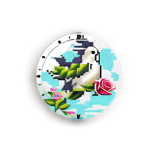 A pixelated dove perched on a roman numerals clock, with a rose growing out of the clock face tattoo design idea