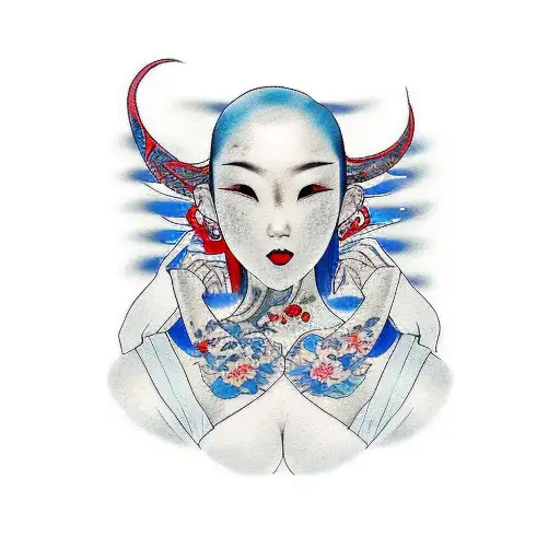 Front body tatoo. Woman with blue colored skin and red hair nails and brows. Holding her fingers around my neck  tattoo design idea