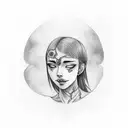 Front body tatoo. Woman with blue colored skin and red hair nails and brows. Holding her fingers around my neck  tattoo design idea