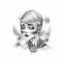 Front body tatoo. Woman with blue colored skin and red hair nails and brows. Holding her fingers around my neck  tattoo design idea