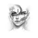 Front body tatoo. Woman with blue colored skin and red hair nails and brows. Holding her fingers around my neck  tattoo design idea