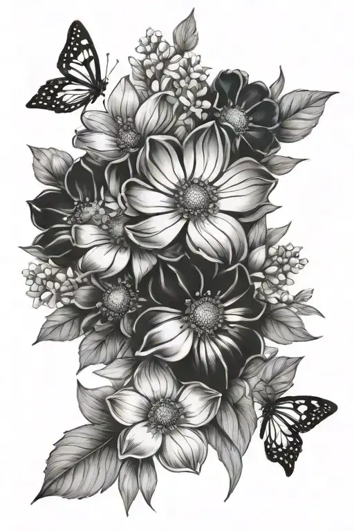 "Create a realistic tattoo featuring up to five colorful wildflowers with some subtle foliage. The flowers should be fin tattoo design idea