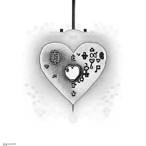 A silhouette of a car and an Xbox controller forming a heart shape, with money symbols and music notes surrounding it tattoo design idea