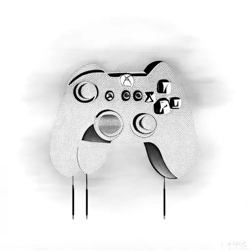 A tattoo of an Xbox controller with music notes and car silhouettes in the background tattoo design idea