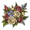 rose, honeysuckle, primrose, iris, snowdrop, carnation bouquet tattoo design idea