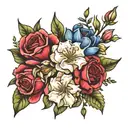 rose, honeysuckle, primrose, iris, snowdrop, carnation bouquet tattoo design idea