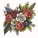 rose, honeysuckle, primrose, iris, snowdrop, carnation bouquet tattoo design idea
