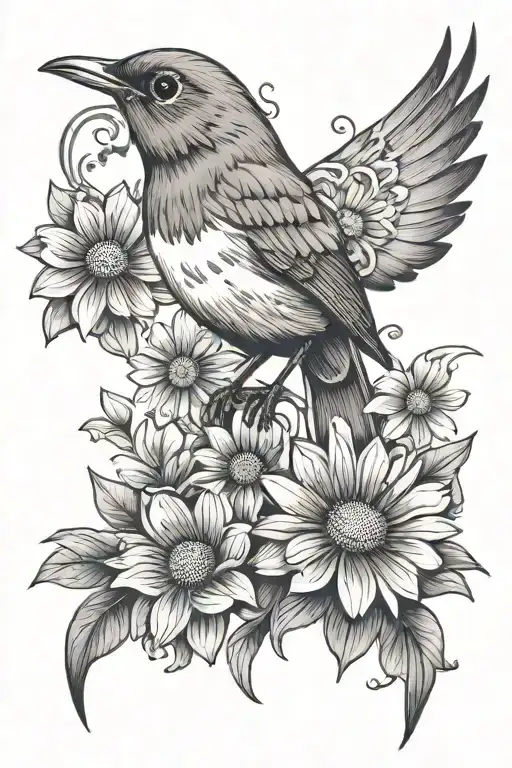 Upper arm tattoo with robin, stylized daisies, bold daisies and masculine, monochrome design tattoo design idea