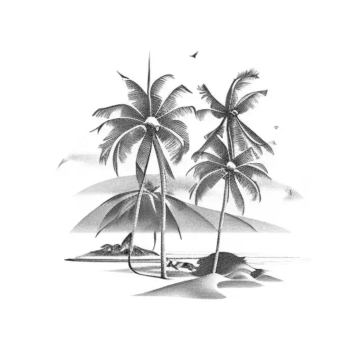 A beer bottle transformed into a tropical paradise with palm trees and waves tattoo design idea