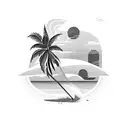 A beer bottle transformed into a tropical paradise with palm trees and waves tattoo design idea