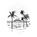 A beer bottle transformed into a tropical paradise with palm trees and waves tattoo design idea