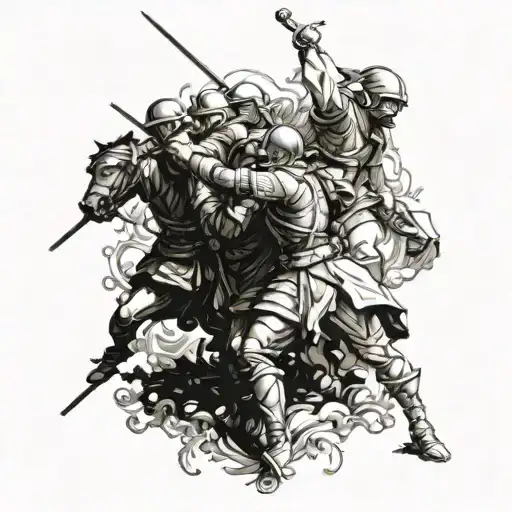 A war scene depicted in the style of a renaissance painting, showcasing the brutal reality of conflict tattoo design idea