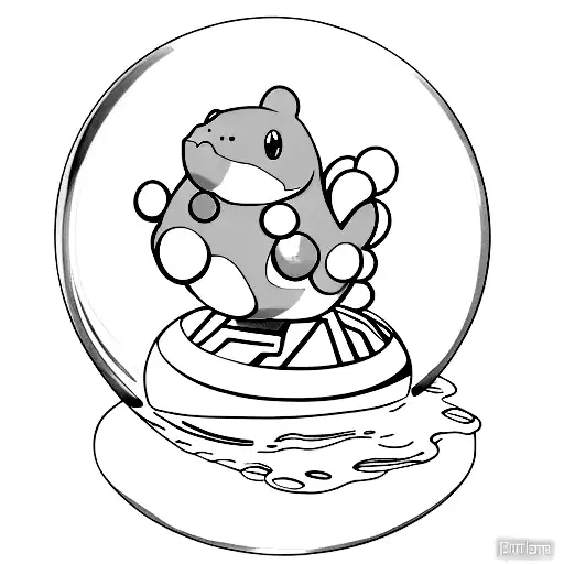 shiny mudkip in a glass bubble-like ornament made of glass hugging a pokeball in colour tattoo design idea