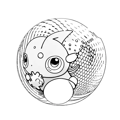 shiny mudkip in a glass bubble-like ornament made of glass hugging a pokeball in pal colors  tattoo design idea