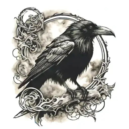 Raven perched circled in black smoke tattoo design idea