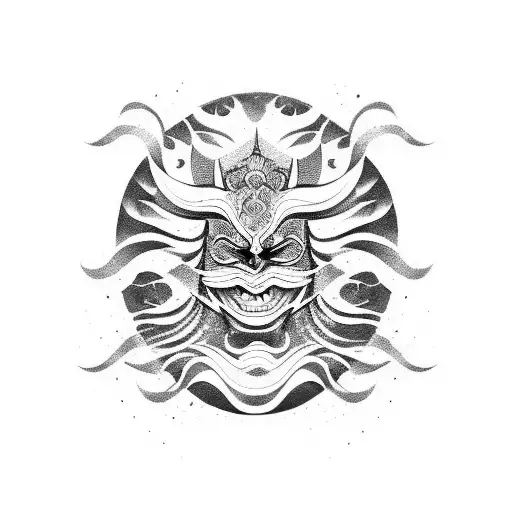 A blackwork tattoo of a kabuki mask blended with a wave pattern tattoo design idea