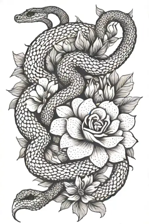 feminine snake and flowers tattoo design idea