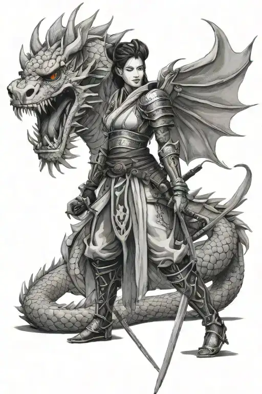 full body beautiful female warrior in samurai suit with dragon companion tattoo design idea